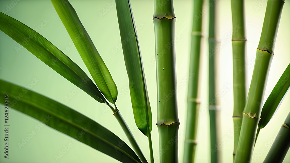 Vivid green bamboo leaves illuminated by soft light, evoking a serene and natural ambiance. Great for nature, eco-friendly designs, and backgrounds emphasizing tranquility and freshness Vivid green bamboo leaves illuminated by soft light, evoking a serene and natural ambiance. Great for nature, eco-friendly designs, and backgrounds emphasizing tranquility and freshness