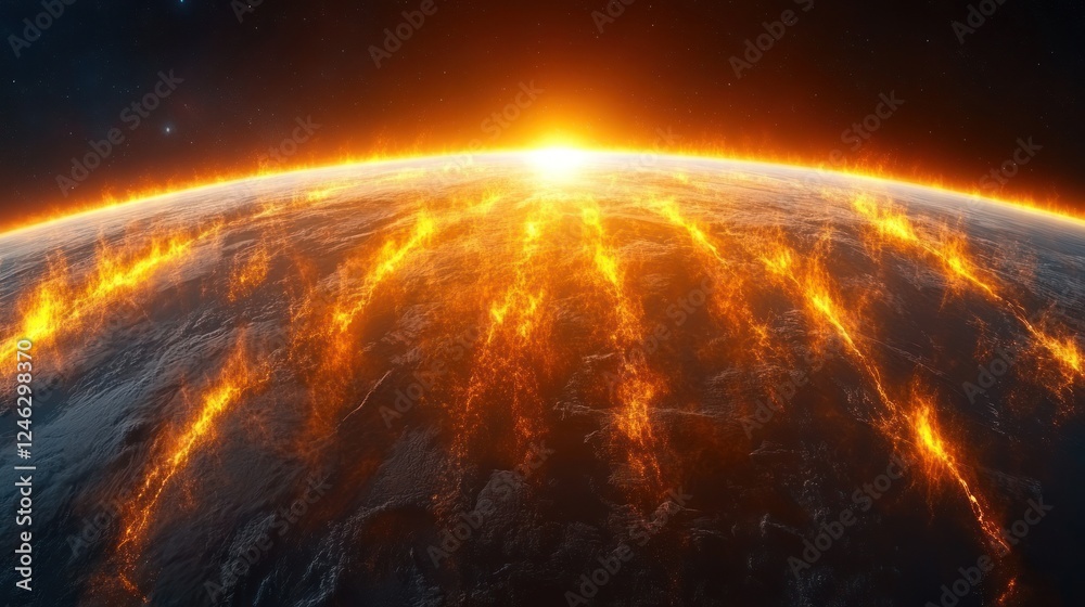 Obraz premium Fiery sunrise over burning planet Earth.