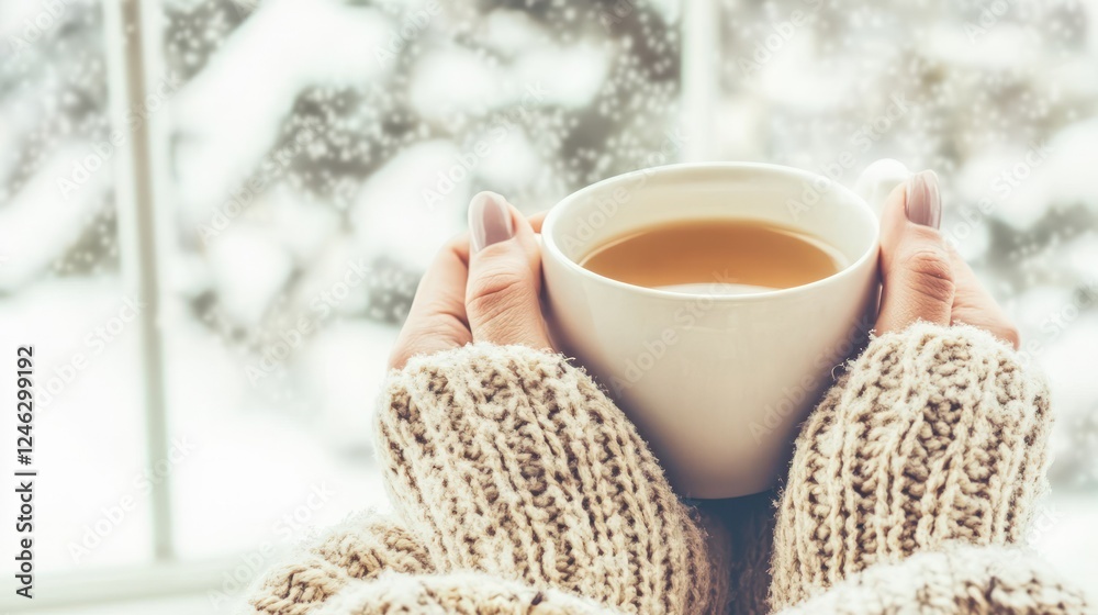 Woman holding a warm cup of tea by the window, gazing out at the snowy landscape, symbolizing winter melancholy and seasonal affective disorder. Woman holding a warm cup of tea by the window, gazing out at the snowy landscape, symbolizing winter melancholy and seasonal affective disorder.