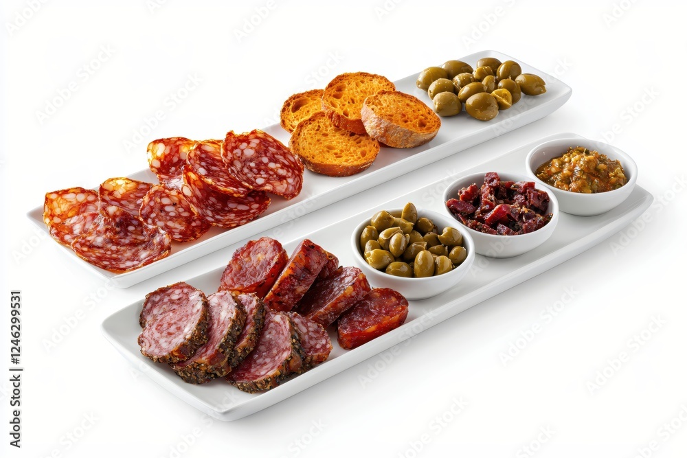 Delicious charcuterie board with salami olives and toasted bread on white background studio shot Delicious charcuterie board with salami olives and toasted bread on white background studio shot