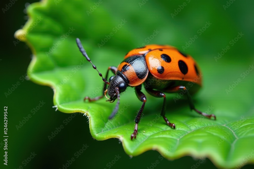 Small oriental beetle resting on a dry green leaf, insect anatomy, insect detail Small oriental beetle resting on a dry green leaf, insect anatomy, insect detail