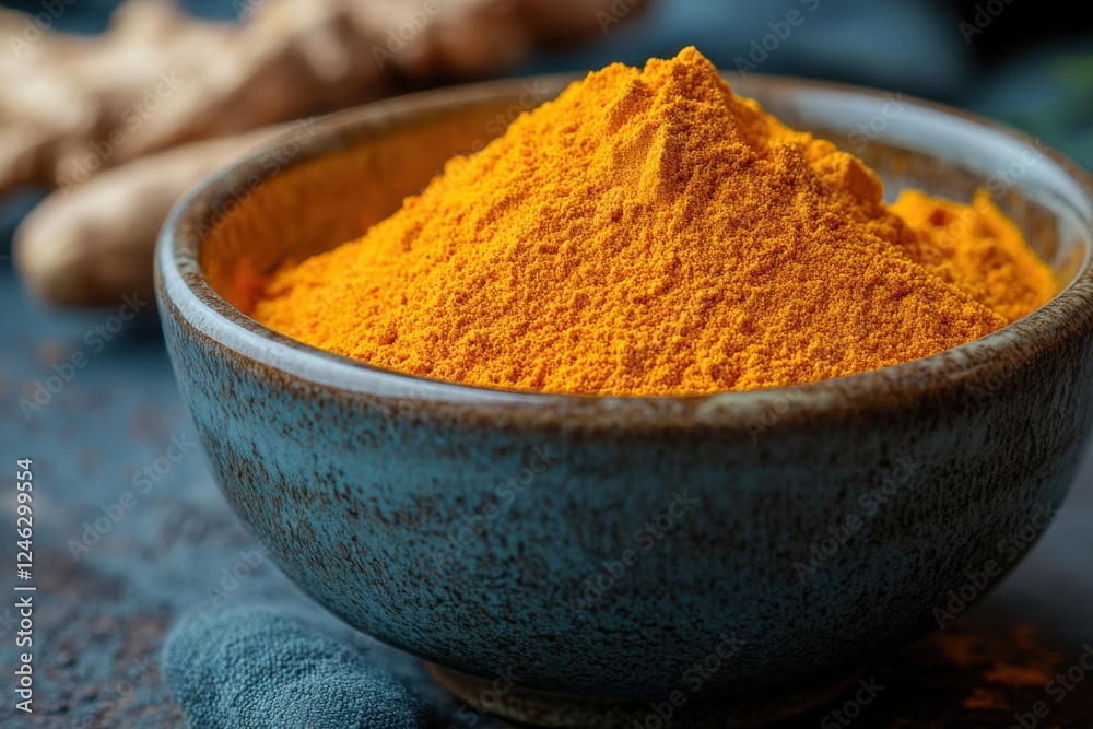 Bright orange turmeric powder in a rustic bowl on a dark surface with ginger roots in the background Bright orange turmeric powder in a rustic bowl on a dark surface with ginger roots in the background