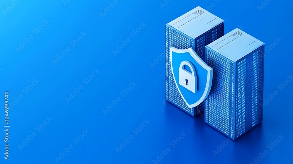 Fototapeta premium Data Protection and Security Concept Represented by Server Towers and Shield Icon on Blue Background