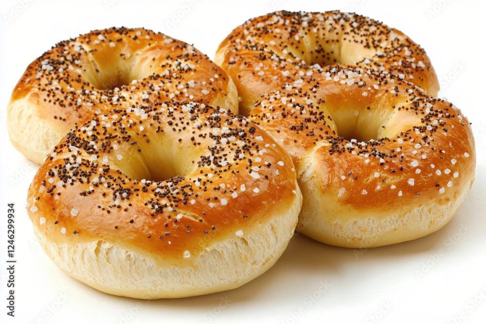 Delicious Fresh Baked Bagels with Poppy Seeds and Salt on a White Background Close Up Delicious Fresh Baked Bagels with Poppy Seeds and Salt on a White Background Close Up