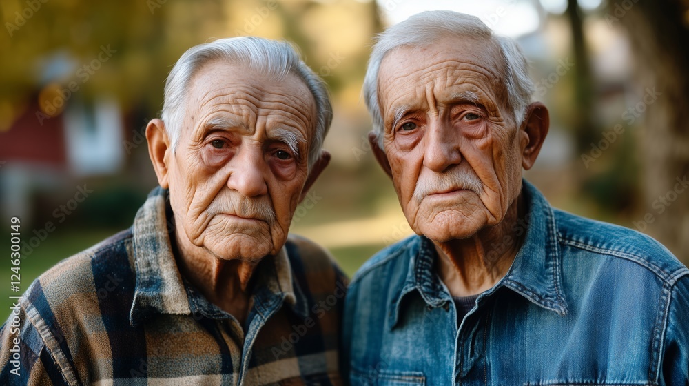 Two elderly identical twin brothers, likely farmers, stand side by side outdoors, their weathered faces reflecting years of hard work and shared experiences Two elderly identical twin brothers, likely farmers, stand side by side outdoors, their weathered faces reflecting years of hard work and shared experiences
