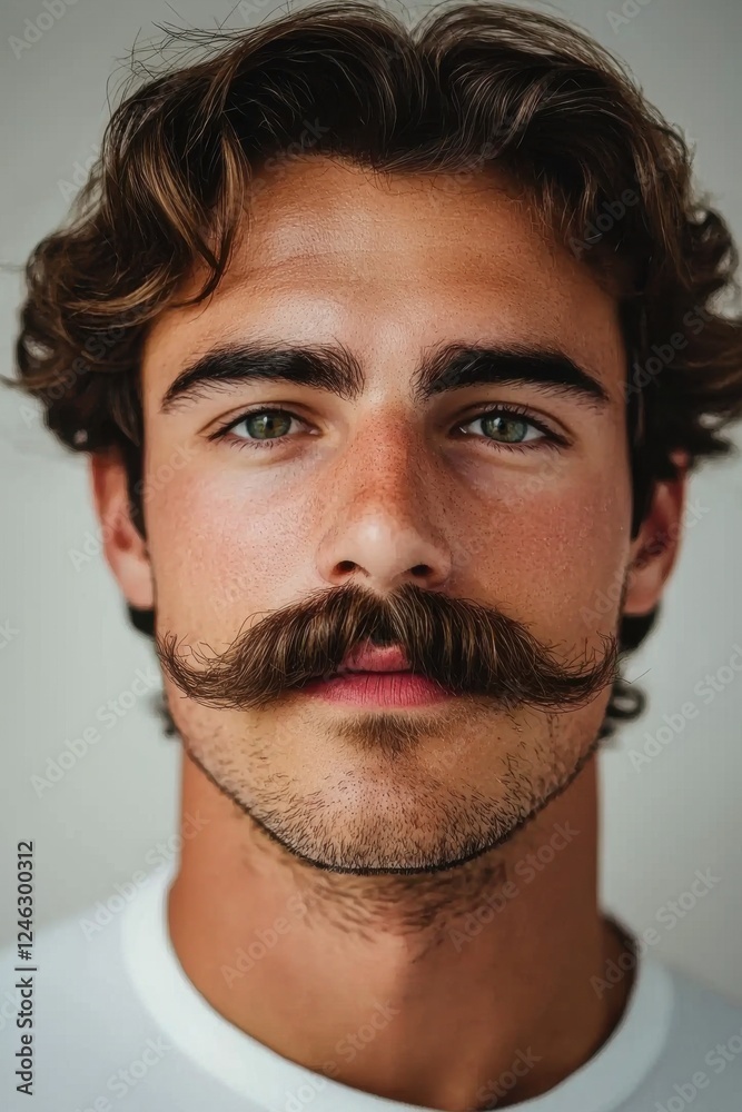 Obraz premium Stylish young man with a prominent mustache and curly hair poses in a close-up portrait against a neutral background