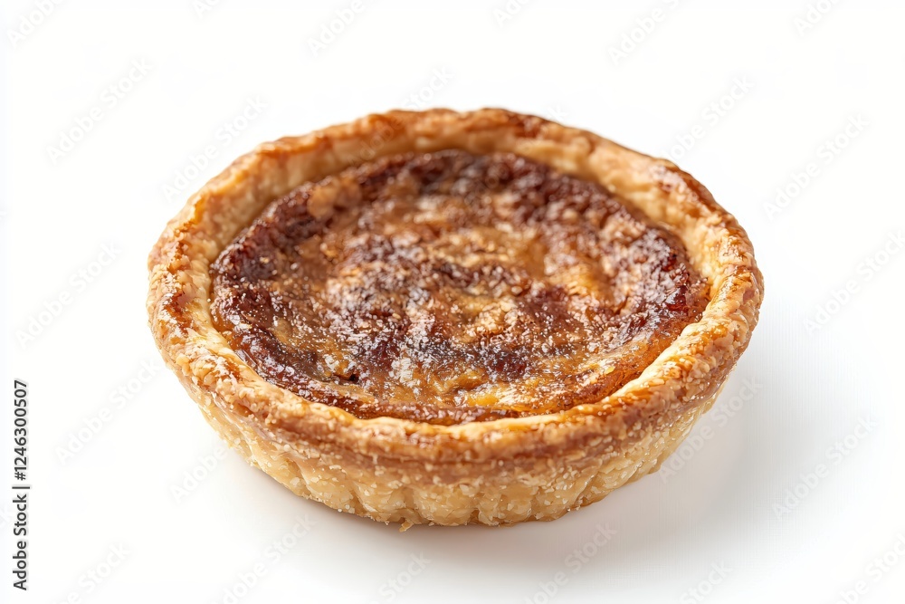 Delicious butter tart on a white background showcasing its golden crust and sweet filling Delicious butter tart on a white background showcasing its golden crust and sweet filling