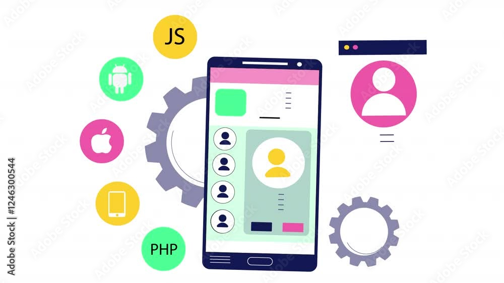 Flat scene animation showing a mobile app development process, with developers coding, testing, and launching an app in a digital workspace. Flat scene animation showing a mobile app development process, with developers coding, testing, and launching an app in a digital workspace.