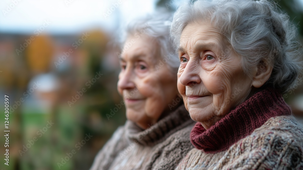 Elderly twin sisters enjoying each other's company outdoors in the fall, wearing warm sweaters and celebrating the beauty of aging gracefully amidst autumn colors Elderly twin sisters enjoying each other's company outdoors in the fall, wearing warm sweaters and celebrating the beauty of aging gracefully amidst autumn colors
