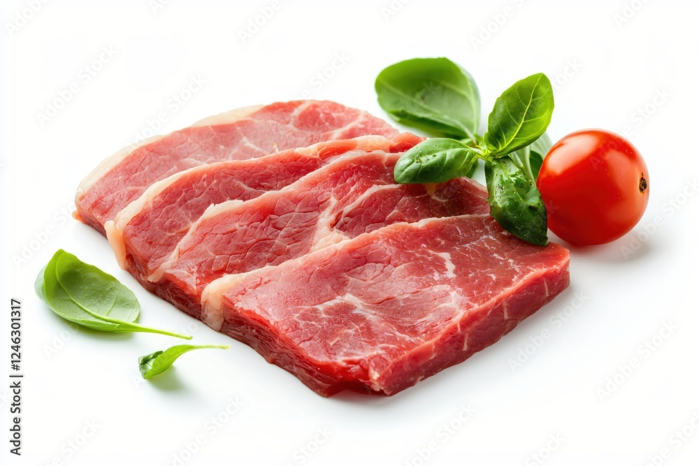 Raw Beef Slices with Fresh Basil and Tomato on White Background Culinary Still Life Raw Beef Slices with Fresh Basil and Tomato on White Background Culinary Still Life