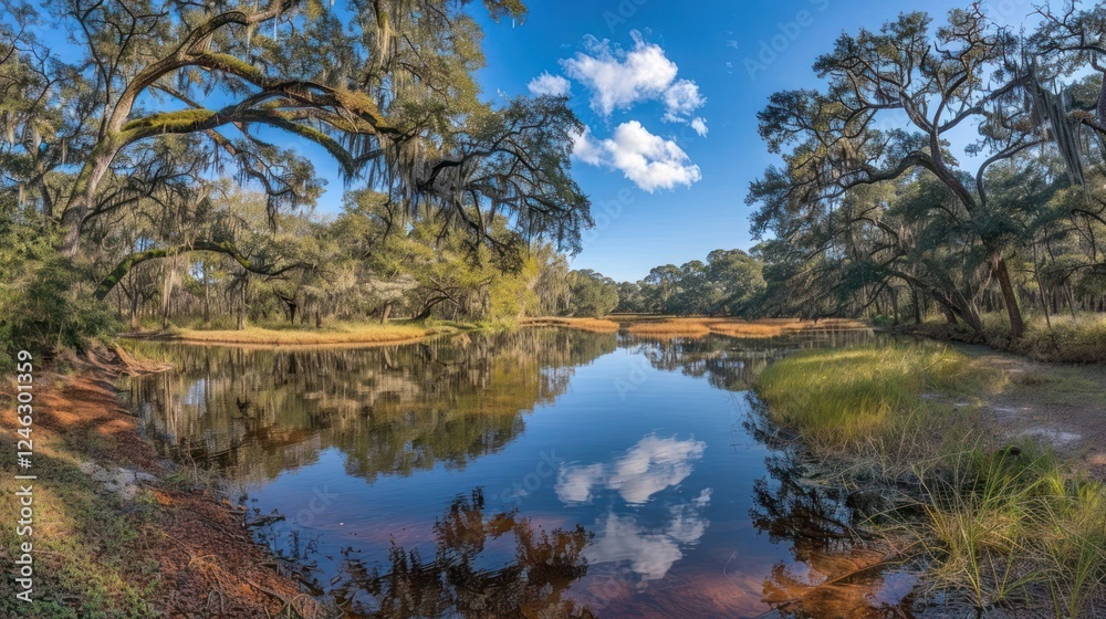 Serene landscape featuring a tranquil river reflecting lush trees under a clear blue sky Serene landscape featuring a tranquil river reflecting lush trees under a clear blue sky