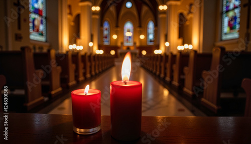 Solemn candles illuminating church interior during Maundy Thursday service, sacred ambiance photo