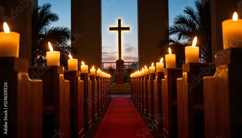 Serene processional cross at dusk with candlelight path, reverence photo