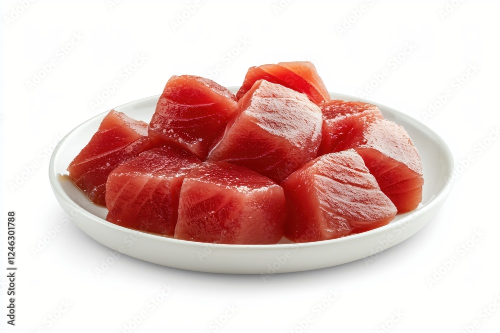 Fresh Tuna Cubes on White Plate Delicious Raw Fish Ready to Eat Healthy Food Culinary Concept Fresh Tuna Cubes on White Plate Delicious Raw Fish Ready to Eat Healthy Food Culinary Concept