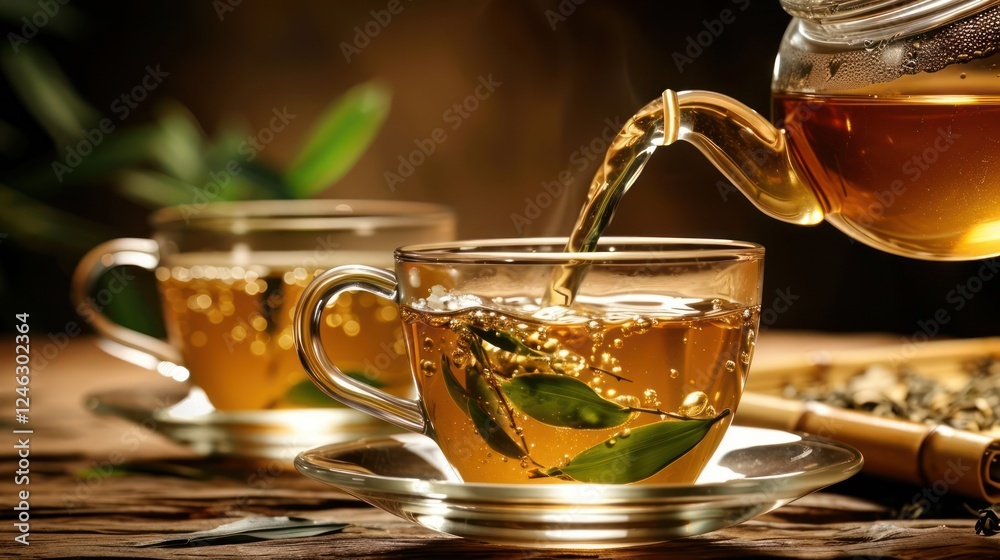 A serene moment of tea being poured into glass cups, surrounded by green leaves and bamboo A serene moment of tea being poured into glass cups, surrounded by green leaves and bamboo