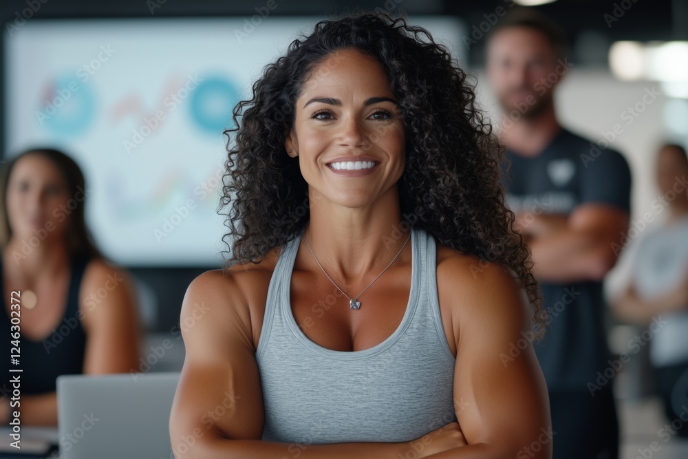 Confident curly haired fitness instructor leading energetic group workout, inspiring wellness and positive training environment in modern gym space Confident curly haired fitness instructor leading energetic group workout, inspiring wellness and positive training environment in modern gym space