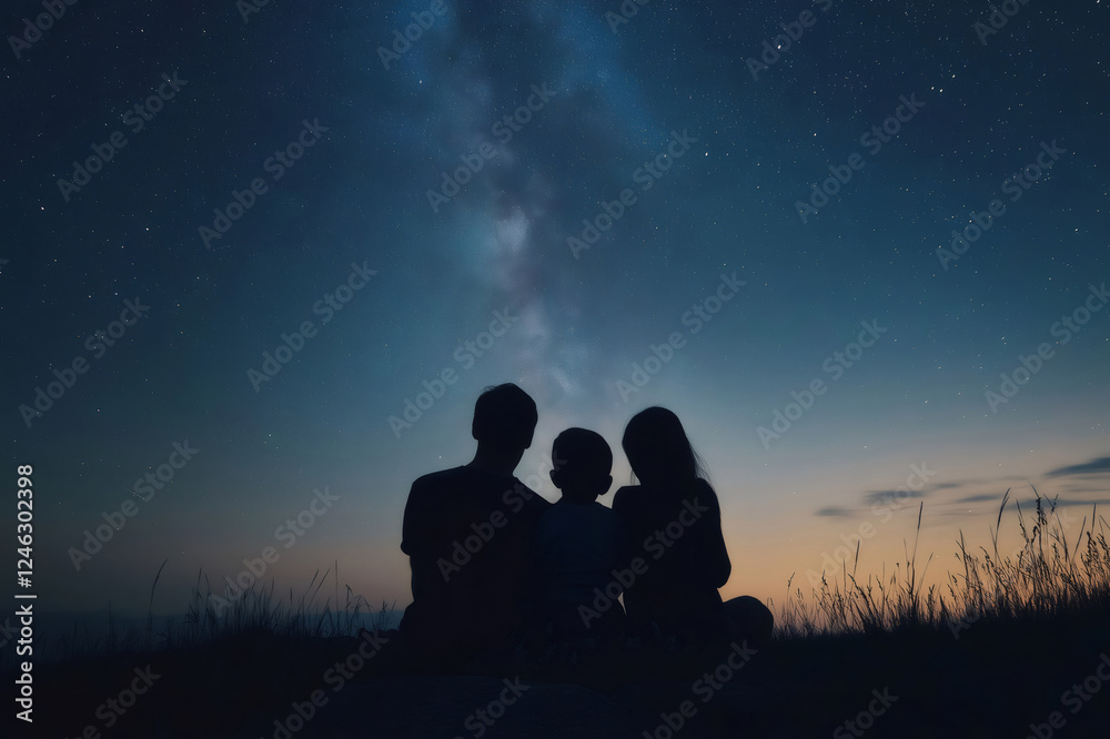 Silhouette of a family sitting on a hill at night, admiring the milky way in a starry sky Silhouette of a family sitting on a hill at night, admiring the milky way in a starry sky