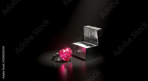 Minimal black background with a single glowing pink heart ring, a silver gift box2 photo