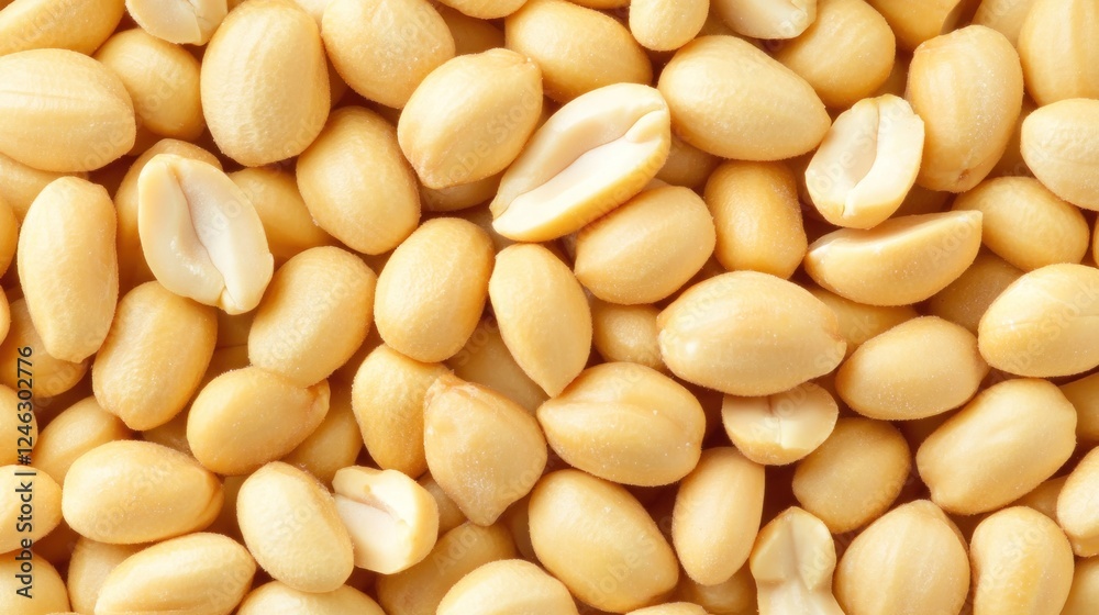 Close-up of shelled, pale yellow peanuts, some split open, filling the frame. Close-up of shelled, pale yellow peanuts, some split open, filling the frame.