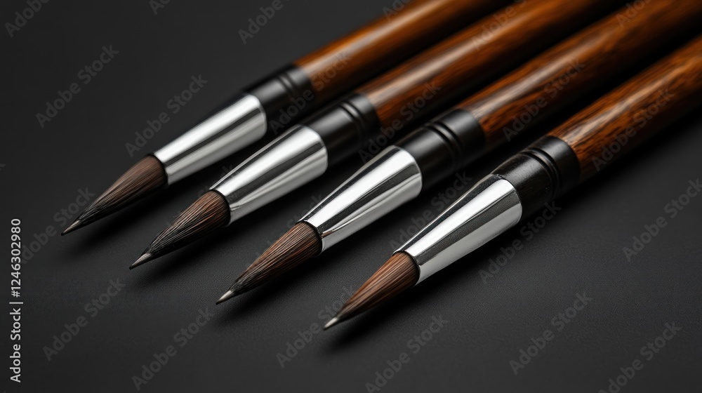 Four elegant, wooden-handled paint brushes arranged on a dark surface. Four elegant, wooden-handled paint brushes arranged on a dark surface.