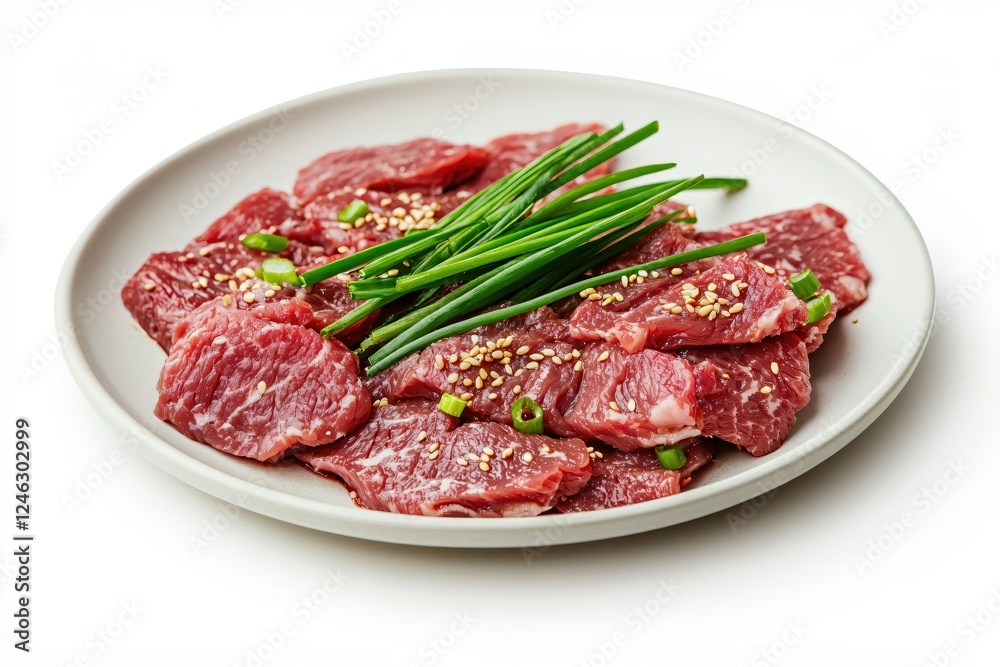 Fresh Sliced Beef with Green Onion and Sesame Seeds on White Plate Culinary Still Life