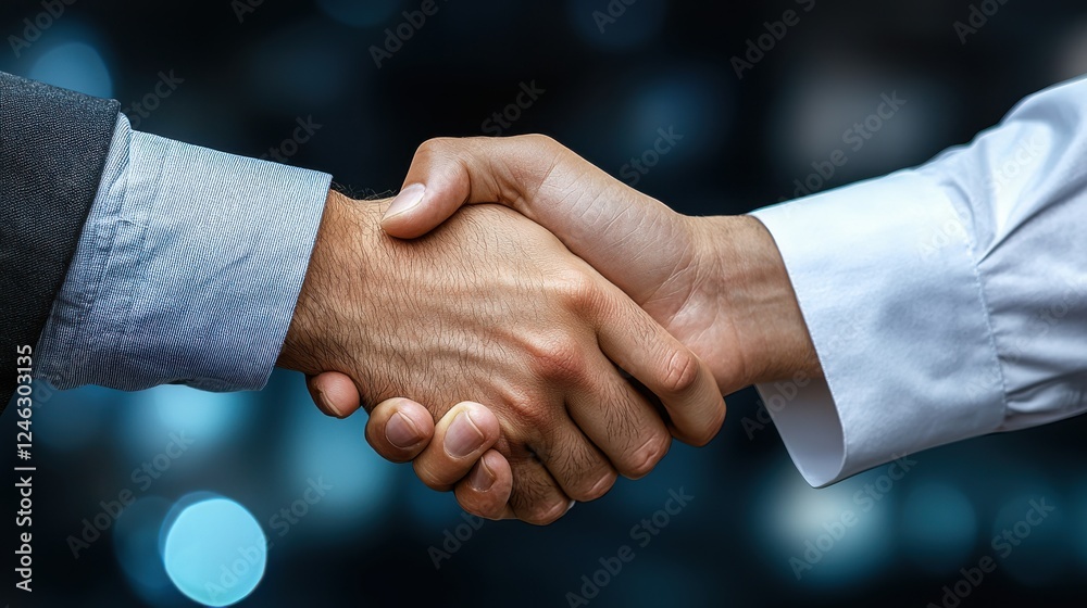 Two individuals engaging in a firm handshake during a business meeting at night in a corporate environment Two individuals engaging in a firm handshake during a business meeting at night in a corporate environment