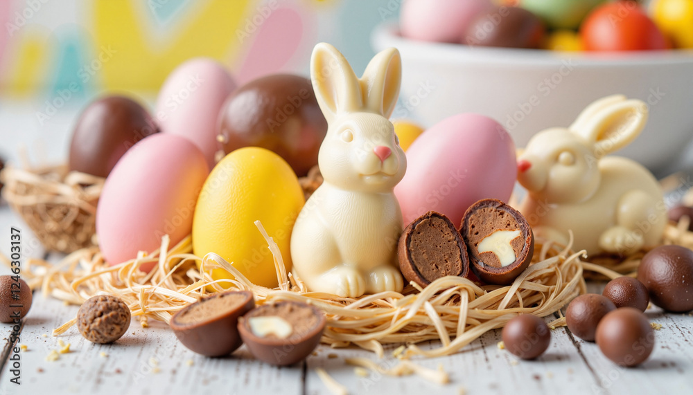 Delicious Easter chocolates arranged with bunnies and eggs, festive display Delicious Easter chocolates arranged with bunnies and eggs, festive display
