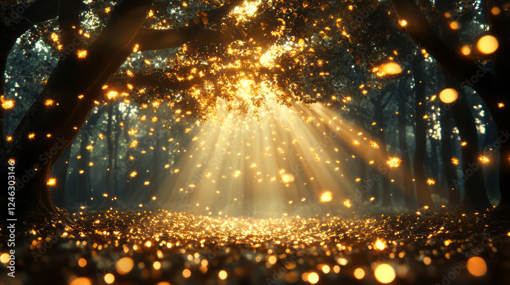 Obraz premium An ethereal composition of dappled golden sunlight piercing a canopy, firefly-like lights sparkling
