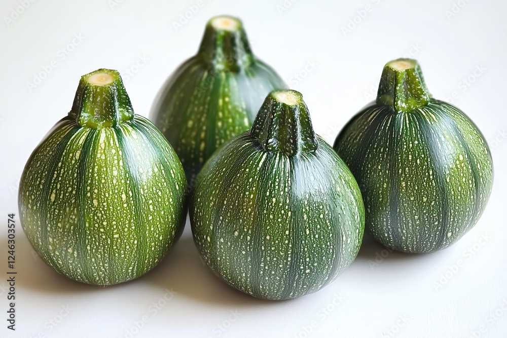 Four fresh green patty pan squashes on white surface exhibiting unique texture and form Four fresh green patty pan squashes on white surface exhibiting unique texture and form
