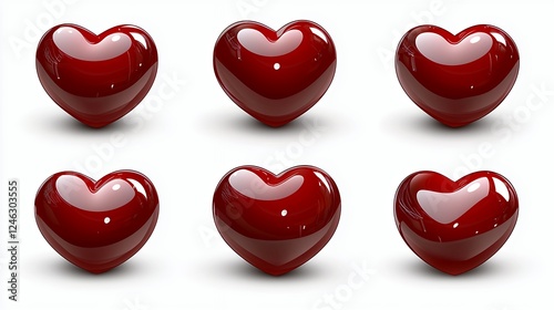 Six Glossy Red Hearts on White Background