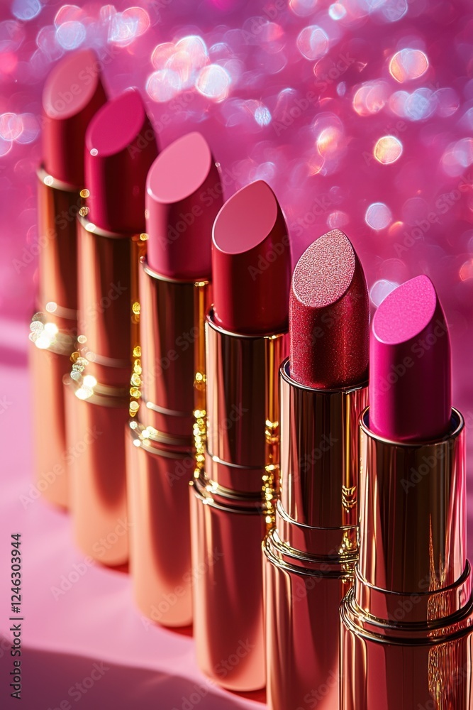 Various shades of pink lipsticks arranged in a line with a sparkling background at a cosmetics display Various shades of pink lipsticks arranged in a line with a sparkling background at a cosmetics display