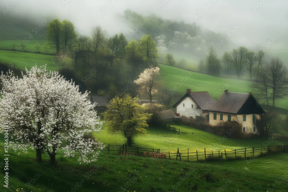 Obraz premium Misty Spring Morning in European Countryside