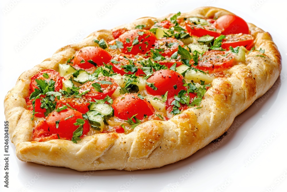 Delicious tomato and cucumber tart with fresh parsley on a white background close up view Delicious tomato and cucumber tart with fresh parsley on a white background close up view