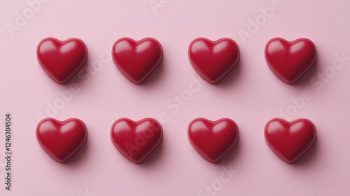 Eight red hearts arranged in a grid on a pink background.