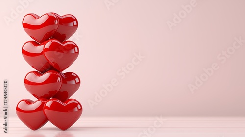 Stack of Glossy Red Hearts on Pink Background