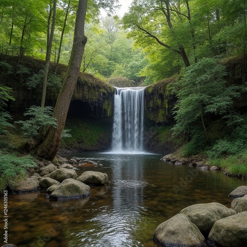 Scenic Waterfall in Lush Green Forest  