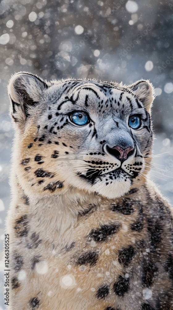 Fototapeta premium A black and white snow leopard with blue eyes 
