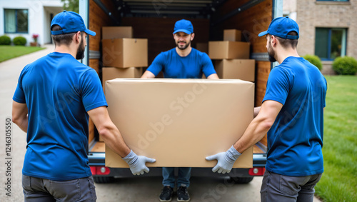 Three  delivery workers in blue uniform carry a large cardboard box from the back of a moving truck assisting each other in a suburban area during daytime. Photorealistic image. Copy space