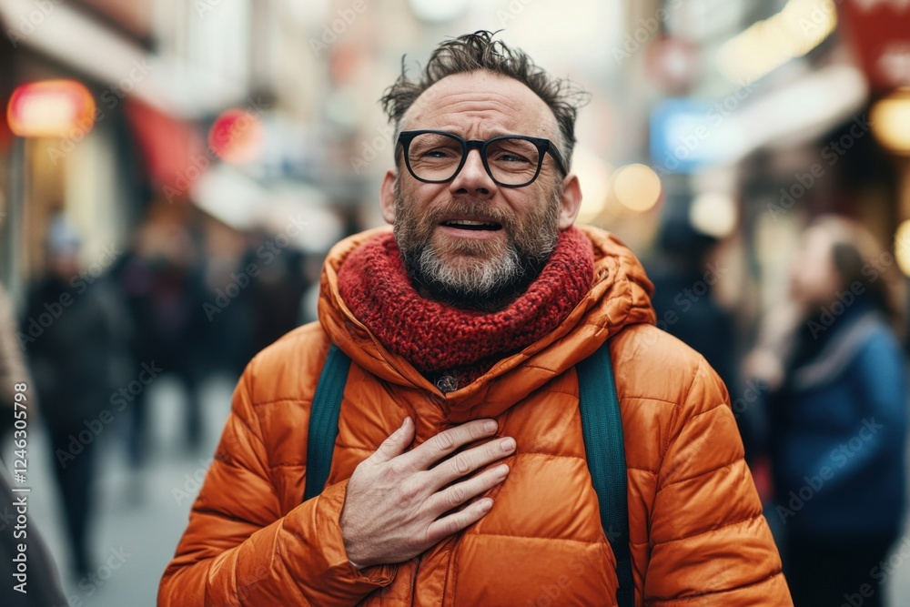 Man feeling heart palpitations in a crowded urban street while holding his chest Man feeling heart palpitations in a crowded urban street while holding his chest