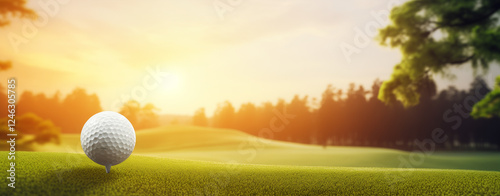 Golf ball on a tee with sun set background 