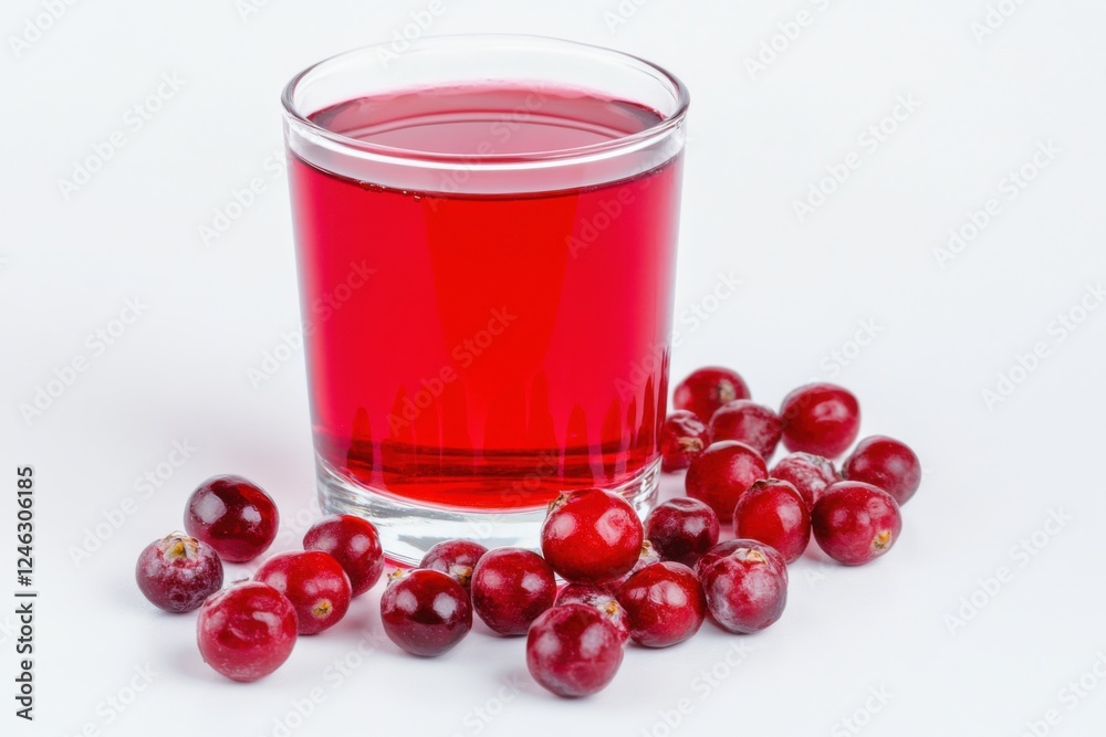 Refreshing cranberry juice served in a clear glass beside fresh cranberries on white background Refreshing cranberry juice served in a clear glass beside fresh cranberries on white background