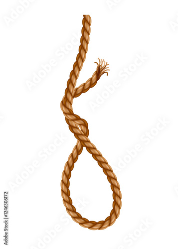 Hanging rope with tassel and node. Knitted nautical thread or marine vertical fiber. Textile tassel hang at rope isolated on white background. Vector illustration