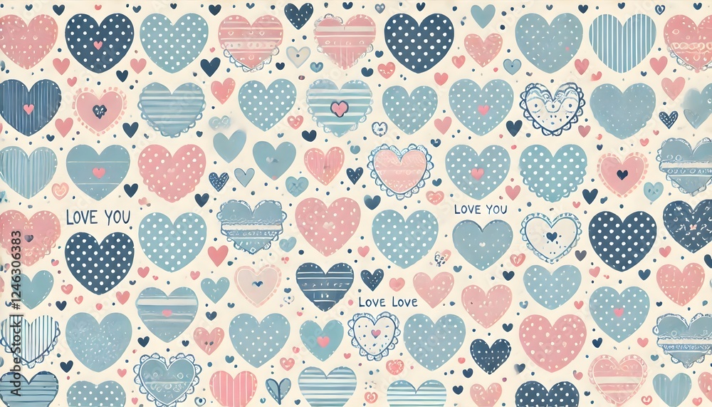 Obraz premium A sweet and simple love wallpaper with a series of blue and pink hearts in various sizes, some filled with patterns like polka dots, stripes, and lace
