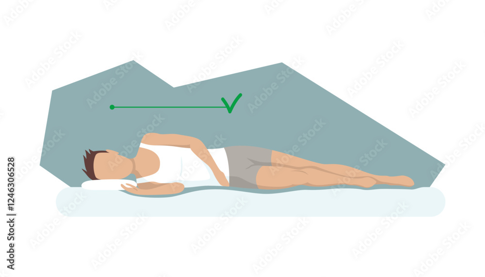 Correct sleeping body posture. Healthy sleeping position spine on orthopedic mattress and pillow. Caring for health of back, neck. Vector illustration