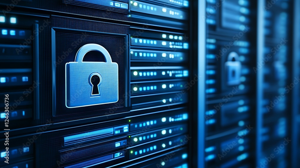 Obraz premium Digital Security Lock on Server Rack Representing Data Protection and Cybersecurity Solutions in IT Environment