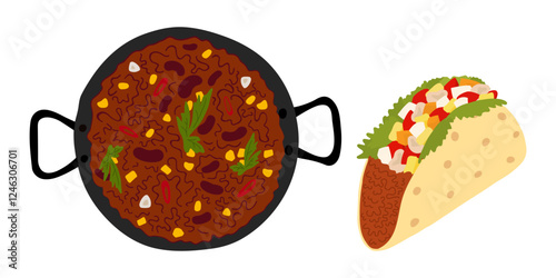 Chili con carne cast iron pan and Taco meat filling with greens and vegetables Mexican cuisine Set 2