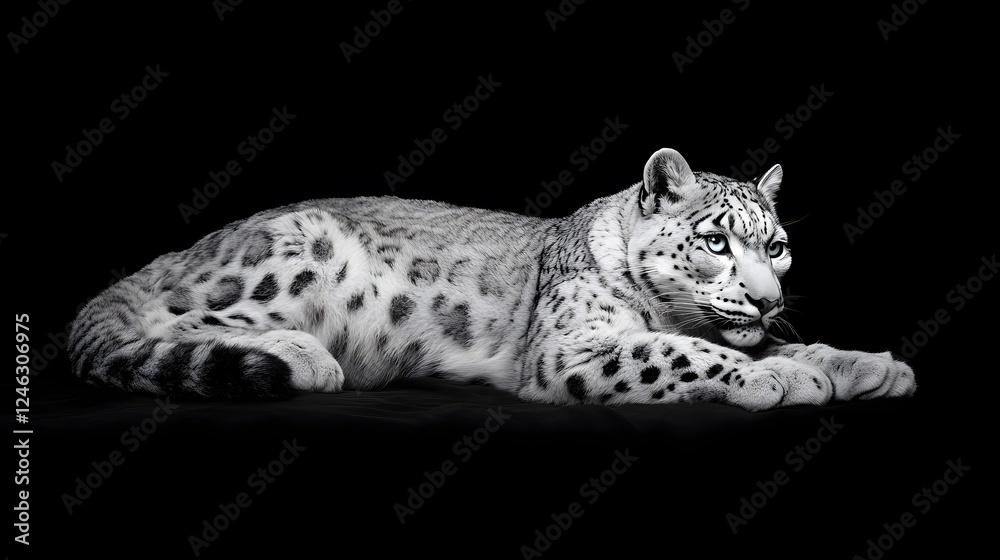 Fototapeta premium A black and white snow leopard with blue eyes