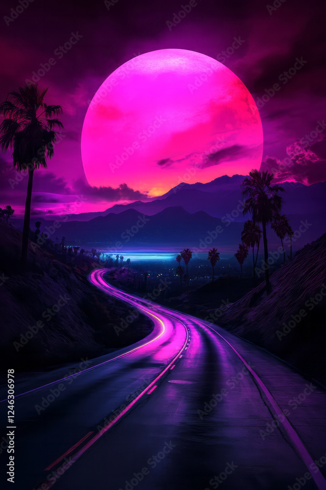 Naklejka premium A cinematic scene of a neon-washed road in a retro-futuristic realm, ending at a colossal sunset,