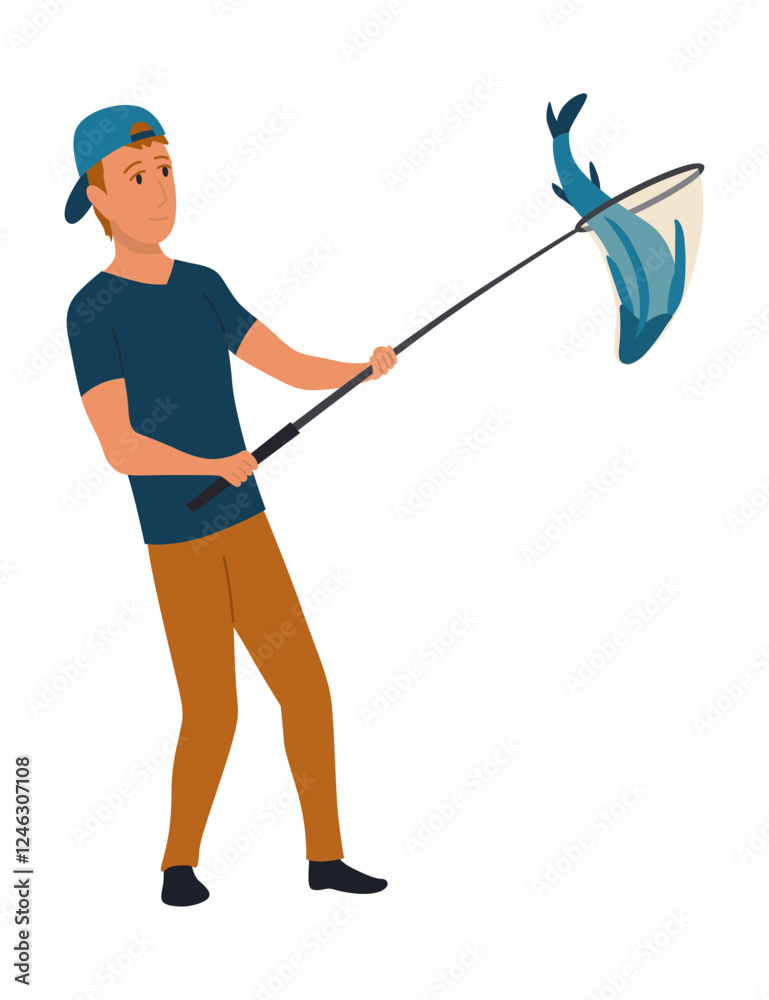 Cartoon men fishing. Male fishermen character with fishing rods on lake, summer catching process, men hobby recreation, leisure time, vector