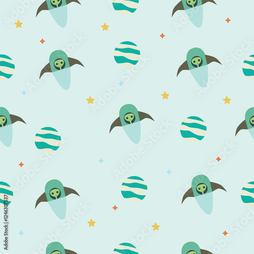 Pattern with UFOs and Planets. Alien-themed seamless pattern featuring UFOs, planets, and colorful stars on a light background